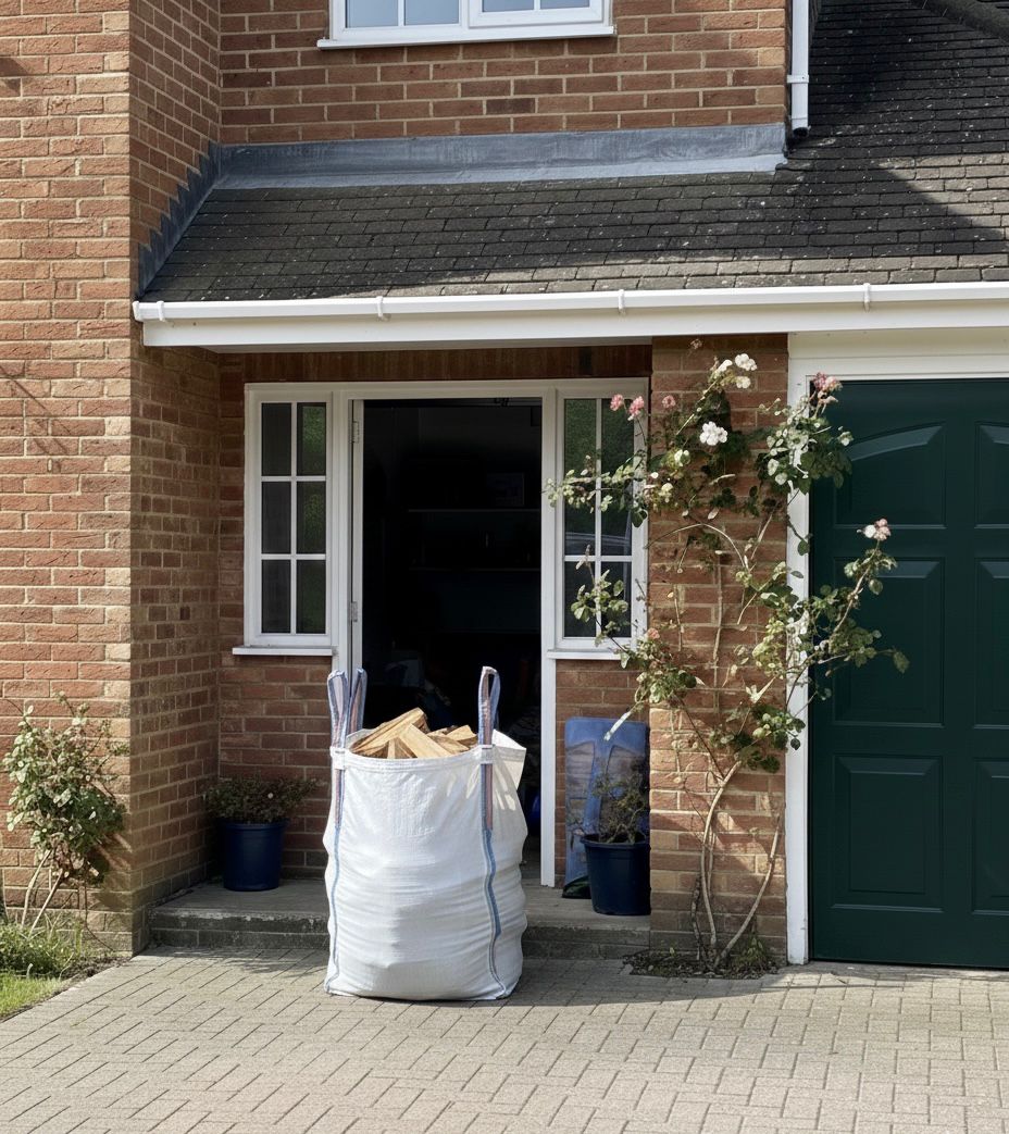 A single Kiln dried oak barrow bag sitting by the front door of a property.