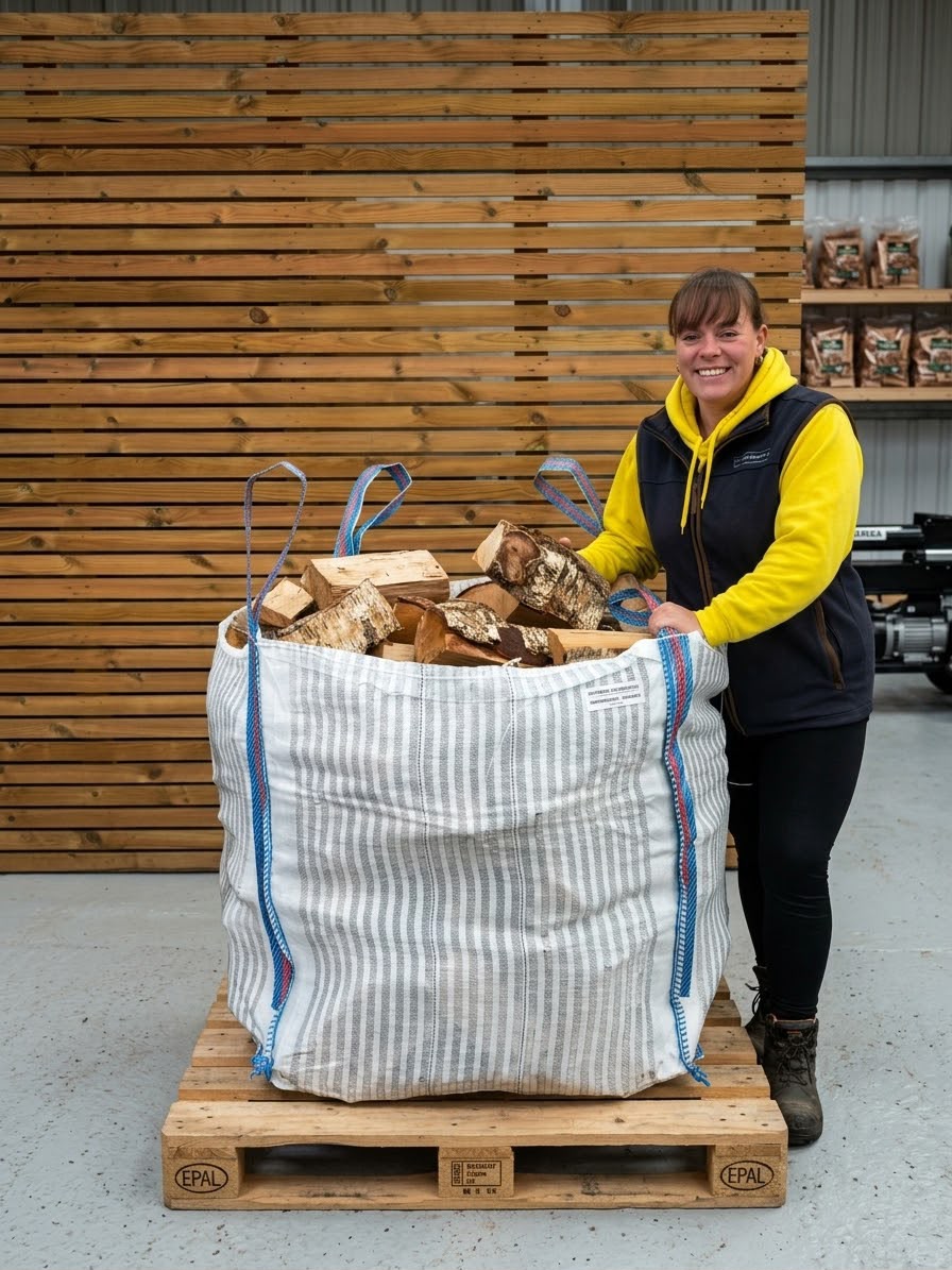 A woman stands beside a large white striped bulk bag filled with Birch firewood logs on a wooden pallet, set against a wood-slat wall and warehouse background.