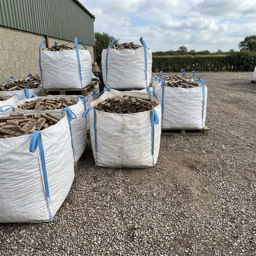 Several large white bulk bags filled with whisky barrel stave firewood stacked on pallets, photographed outdoors on a gravel surface beside a building.