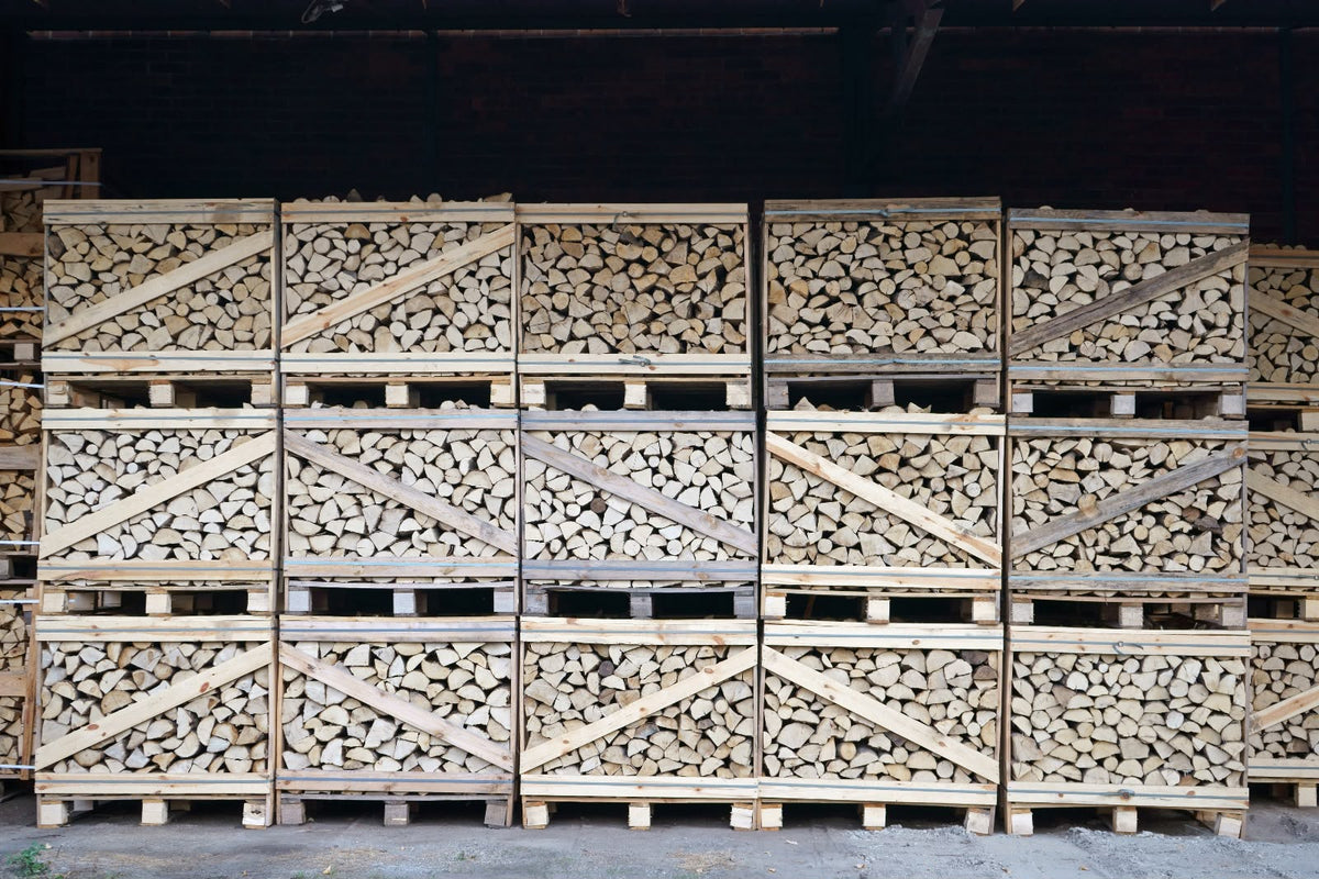 Stacks of Birch firewood logs in wooden crates on pallets, photographed in a warehouse or storage area.