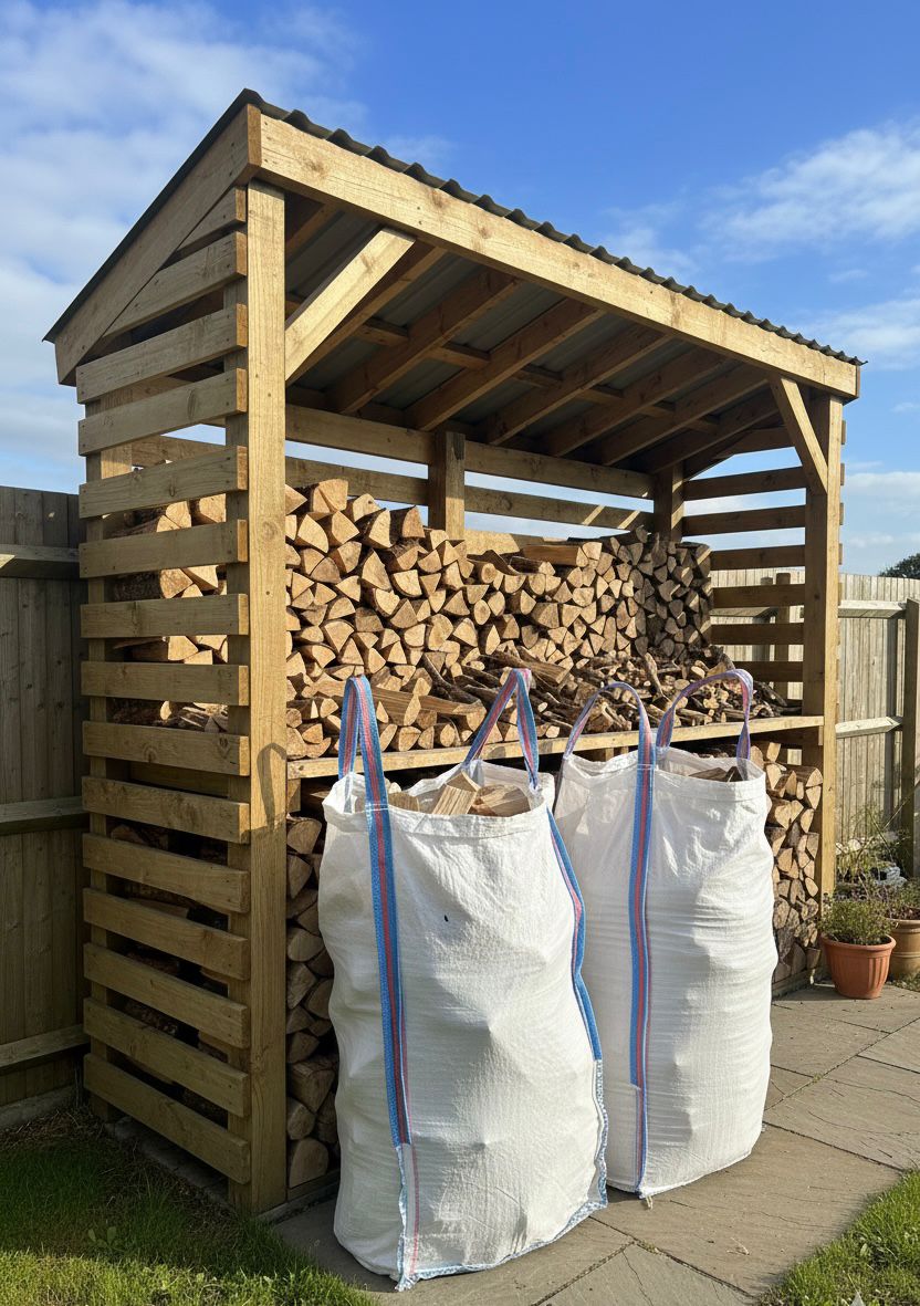 Two kiln dried birch barrow bags sat in front of a large log store.